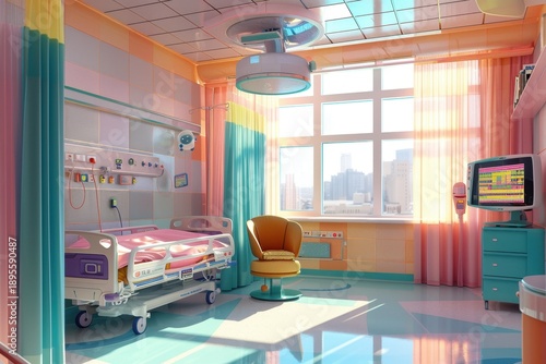 pediatric hospital room with pastel colors, modern bed, medical equipment