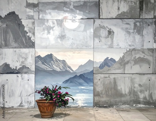 Painted mountain mural partially revealed behind concrete blocks, potted flowers in the foreground