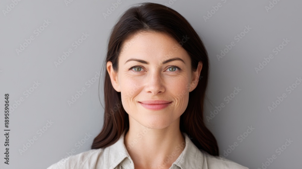 Fototapeta premium Female Portrait with Natural Smile Against Gray Background, Showcasing Confidence and Approachability in Casual Attire