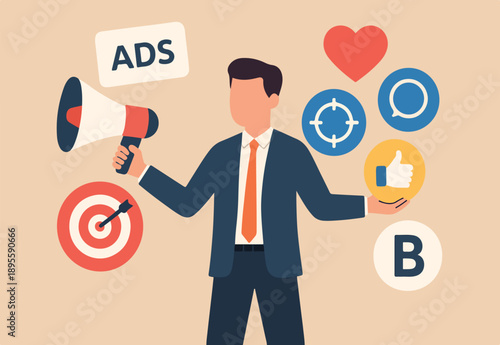 Marketing manager, online advertising, social media content or promotion campaign, customer or consumer target audience, branding communication concept, businessman holding viral marketing elements.