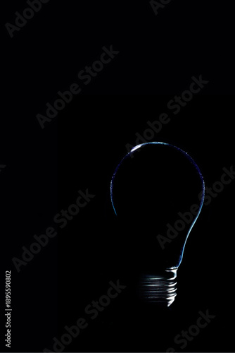 Minimalist silhouette of a light bulb against a black background with subtle blue rim lighting. Conceptual image of an idea, creativity, innovation, and inspiration in the dark