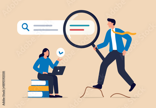 Search, discover or research, SEO, search engine optimization, finding information, new job or explore websites concept, businessman with magnifying glass discover new websites from search box