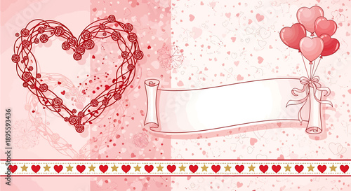 Romantic heart shaped garland and a scroll banner with balloons in shades of pink and red for Valentine's Day