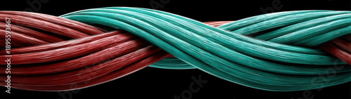 Two thick, textured bundles of reddish-brown and teal cords intricately twist together against a stark black background, highlighting the woven pattern and contrast