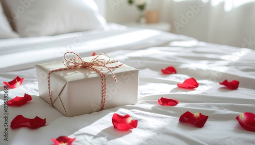 Romantic Valentine's Day Surprise on Bed, Minimalist Gift Box with Red Rose Petals on White Bedding, Intimate Morning Anniversary Celebration Concept.