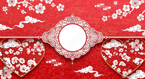 Vibrant red vector background featuring graceful cherry blossoms, intricate heart frames, and a central ornamental circle, ideal for spring festivities and romantic events