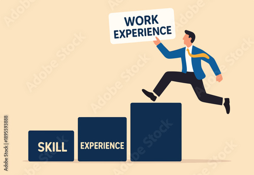 Work experience, skill development or leadership learning, career path motivation, capability or ability to growing in job or project progress concept, businessman jump on working skill experience.