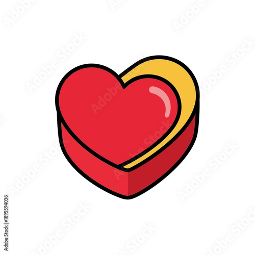 A vibrant red heart-shaped gift box with a yellow interior, depicted in a simple, cartoonish style, symbolizing love, romance, and special occasions.
