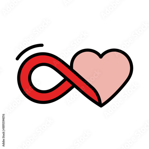 Stylized red infinity symbol intertwined with a light pink heart, representing eternal love and connection on a clean white background.