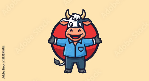 Cartoon Cow Character Wearing Shirt and Pants.