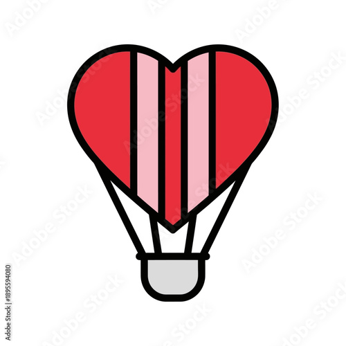 A heart-shaped hot air balloon with red and pink stripes, featuring a grey basket, depicted in a simple flat illustration style.
