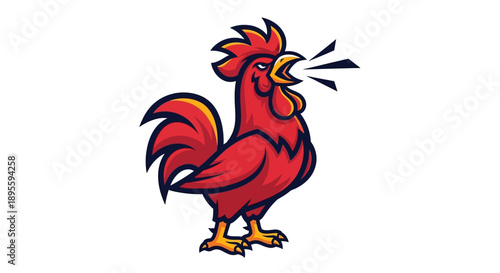 Red Cartoon Rooster Crowing Loudly Illustration.