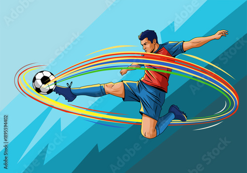 Dynamic footballer with vibrant streaks kicks a soccer ball, perfect for sportsthemed designs, sports blogs, football articles, and posters.