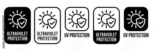 UV protection icon set. UV radiation icon. Ultraviolet symbol. Sun uv protection icons. Sunscreen spf logo. UPF sun protection label product. Skincare illustration, sign for cosmetics packaging.