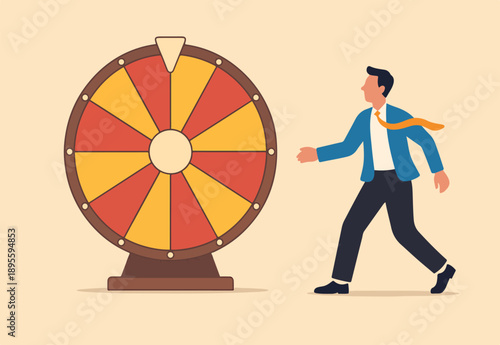 Life depend on luck, fortune wheel randomness, chance and opportunity to get new job, investment winning or gambling concept, excite businessman looking at spinning fortune wheel waiting for luck