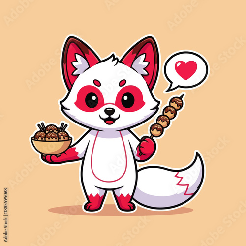 Cute White Chibi Kitsune Fox Eating Takoyaki Japanese Street Food, Mythical Inari Spirit Mascot with Heart Speech Bubble, Minimalist Vector Illustration for Stickers and Food Graphic Design