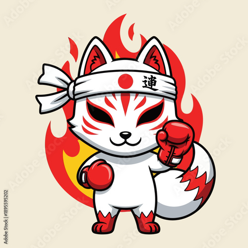 Cute White Chibi Kitsune Fox Boxer with Red Boxing Gloves and Fire Background, Japanese Spirit Animal Fighter with Hachimaki Headband, Warrior Mascot Vector Illustration for Sport and Stickers