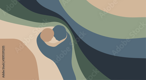 Abstract illustration of two figures embracing amidst flowing organic shapes and earthy tones.