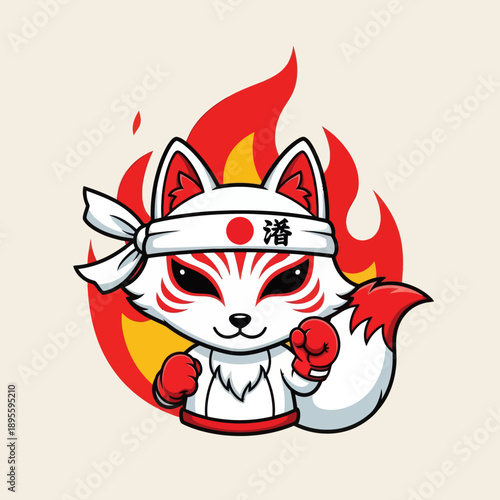 Cute White Chibi Kitsune Fox Boxer with Red Boxing Gloves and Fire Background, Japanese Spirit Animal Fighter with Hachimaki Headband, Warrior Mascot Vector Illustration for Sport and Stickers