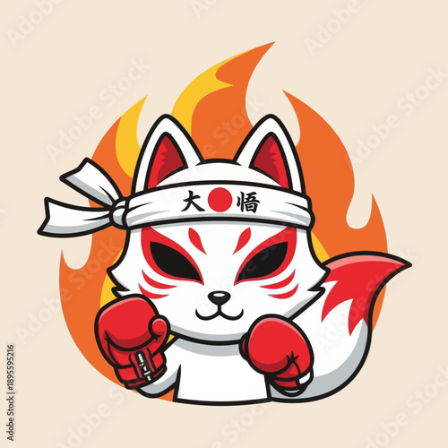 Cute White Chibi Kitsune Fox Boxer with Red Boxing Gloves and Fire Background, Japanese Spirit Animal Fighter with Hachimaki Headband, Warrior Mascot Vector Illustration for Sport and Stickers