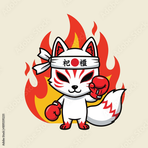 Cute White Chibi Kitsune Fox Boxer with Red Boxing Gloves and Fire Background, Japanese Spirit Animal Fighter with Hachimaki Headband, Warrior Mascot Vector Illustration for Sport and Stickers