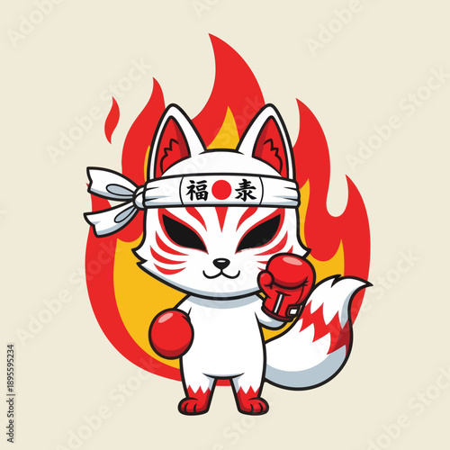 Cute White Chibi Kitsune Fox Boxer with Red Boxing Gloves and Fire Background, Japanese Spirit Animal Fighter with Hachimaki Headband, Warrior Mascot Vector Illustration for Sport and Stickers