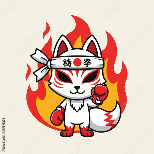 Cute White Chibi Kitsune Fox Boxer with Red Boxing Gloves and Fire Background, Japanese Spirit Animal Fighter with Hachimaki Headband, Warrior Mascot Vector Illustration for Sport and Stickers