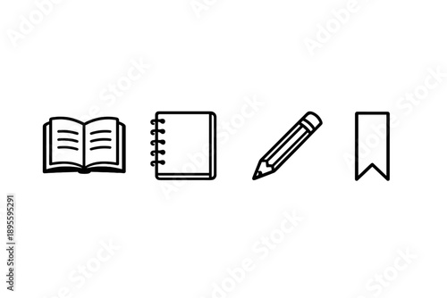 Personal growth study essentials in outline vector style: book, notebook, pencil, bookmark