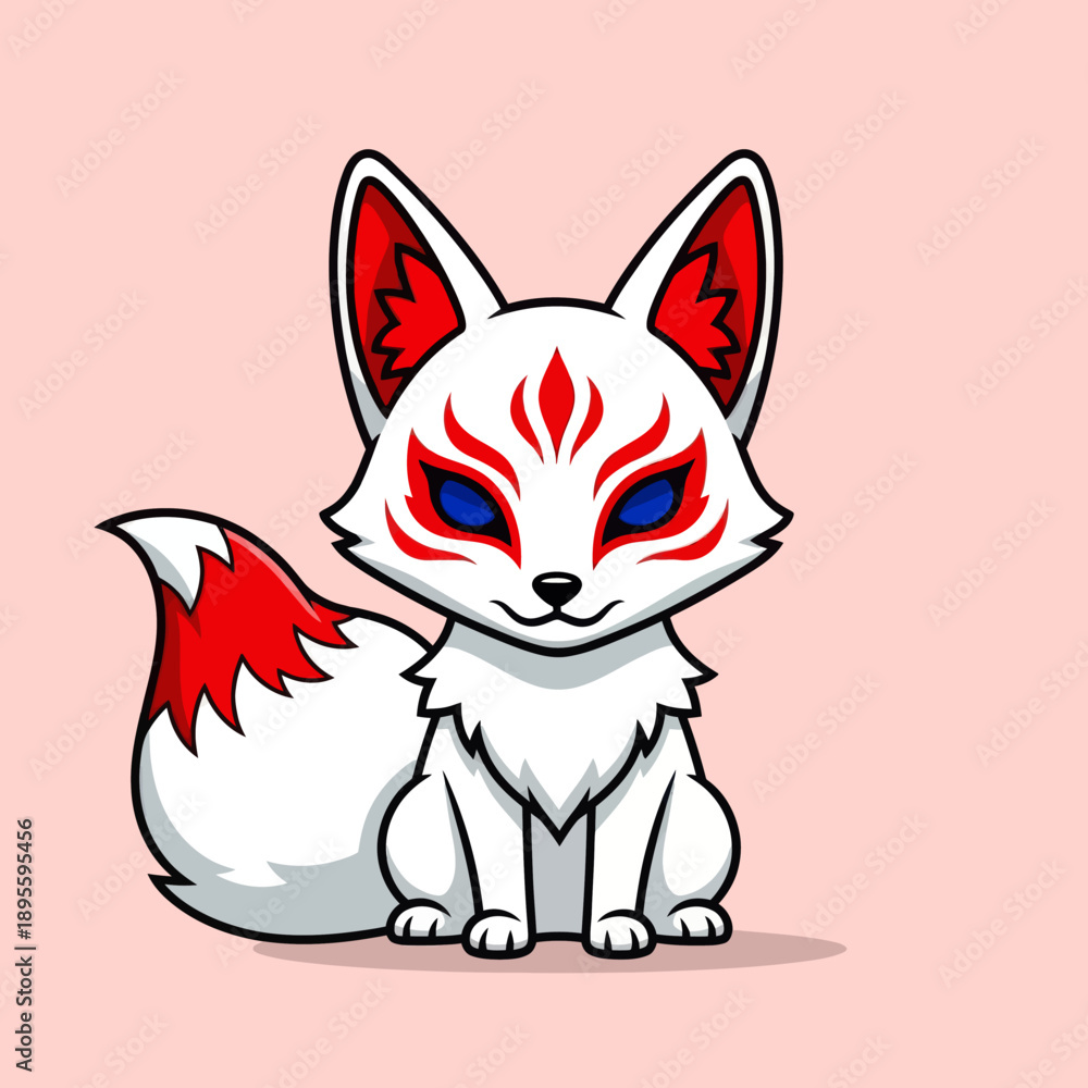 Obraz premium Cute White Chibi Kitsune Fox with Red Japanese Mask Markings, Minimalist Vector Illustration of Mythical Inari Spirit Animal Mascot for Stickers and Graphic Design