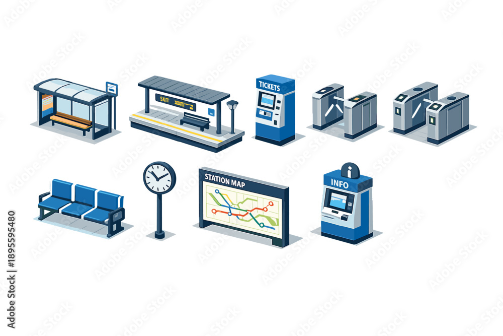 custom made wallpaper toronto digitalPassenger station infrastructure in isometric flat style: bus stop shelter, train platform, ticket machine, turnstile gate, waiting bench, station clock, route
