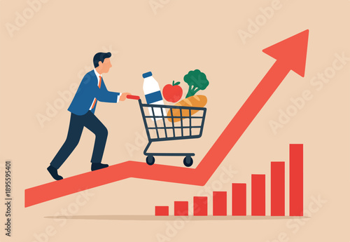 Inflation causing grocery price rising up, more expense, cost and spending, economic crisis or consumer price rising up concept, businessman push shopping cart trolley up rising price graph.