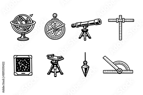 Astronomical observation instruments in outline vector style: armillary sphere, astrolabe, sighting tube, measuring rod, star chart tablet, observation stand