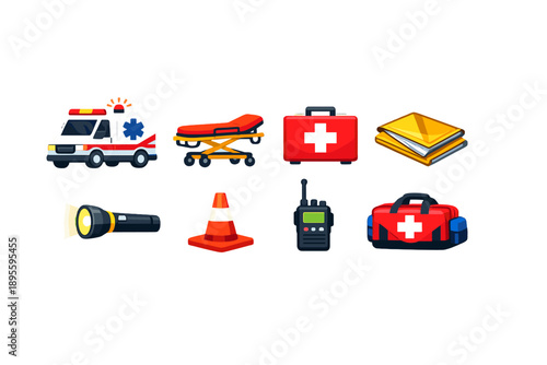 Emergency response scene flat style: ambulance, stretcher, first aid kit, emergency blanket, flashlight, traffic cone, radio, medical bag