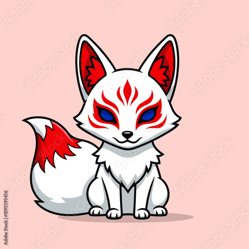 Cute White Chibi Kitsune Fox with Red Japanese Mask Markings, Minimalist Vector Illustration of Mythical Inari Spirit Animal Mascot for Stickers and Graphic Design