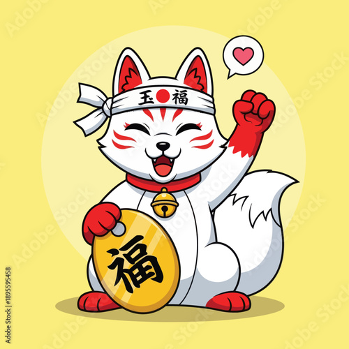 Cute Japanese Lucky Kitsune Fox Illustration. White Spirit Fox Character with Red Markings Holding Gold Coin and Waving Paw in Maneki Neko Style. Kawaii Mascot on Yellow Background.