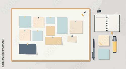 Whiteboard with Notes and Office Supplies.