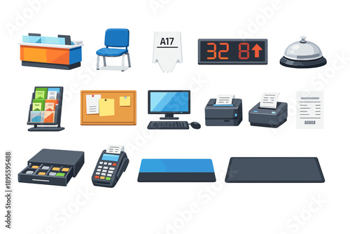 Customer service counter items in flat style: service counter desk, waiting chair, queue ticket, number display board, desk bell, brochure stand, notice board