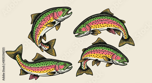 Hand-drawn vector illustration set of rainbow trout in various dynamic poses. Perfect for fishing graphics, apparel, t-shirt designs, stickers, and outdoor-themed designs 