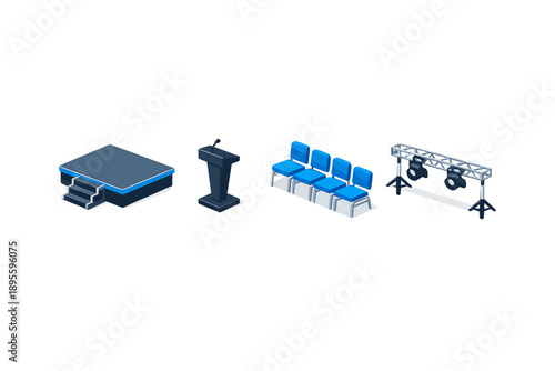 Live event audience setup in isometric flat style: stage platform, speaker stand, audience chair, lighting truss