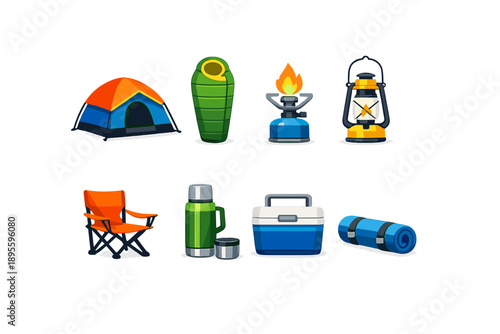 Camping essentials flat style: tent, sleeping bag, camping stove, lantern, folding chair, thermos, cooler box, camping mat