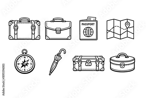 Classic travel essentials in outline vector style: leather suitcase, briefcase, passport holder, map, compass, umbrella, travel trunk, hatbox