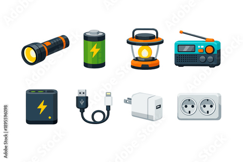 Emergency low power items flat style: flashlight, spare battery, lantern, radio, power bank, charging cable, wall charger, outlet socket