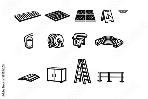 Rooftop Utility and Safety Items in outline vector style: drainage grate, floor mat, non slip tile, warning sign, fire extinguisher, hose reel, outdoor power