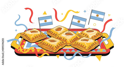 A colorful illustration depicts a tray filled with argentinian empanadas alongside waving flags and festive confetti decorations high quality professional detailed modern elegant stylish