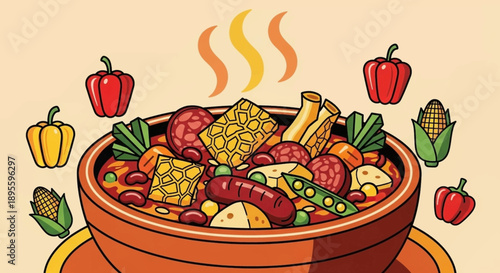 A vibrant illustration depicts a terracotta pot brimming with a colorful medley of sausages vegetables and corn high quality professional detailed modern elegant stylish