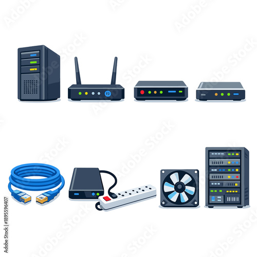 Information processing equipment in flat style: server tower, network router, modem unit, ethernet cable coil, external hard drive, power strip, cooling fan