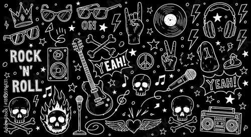 Rock and roll doodle vector set with skulls, guitars, music notes, lightning bolts, and punk elements. Perfect for t-shirts, posters, stickers, album covers, and retro designs.