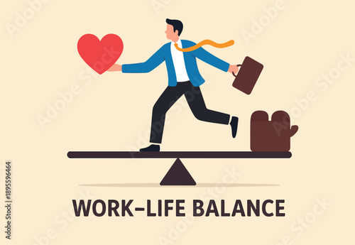 Work life balance, working lifestyle compromise with family or personal health, choice or balance between work stress and relaxation concept, businessman balance himself with heart and briefcase.