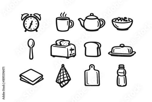 Morning Warmth Items in outline vector style: alarm clock, coffee mug, teapot, breakfast bowl, spoon, toaster, bread slice, butter dish, napkin, kitchen towel