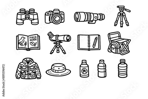 Nature Tourism Wildlife Observation in outline vector style: binoculars, camera, telephoto lens, tripod, field guide book, spotting scope, notebook, backpack